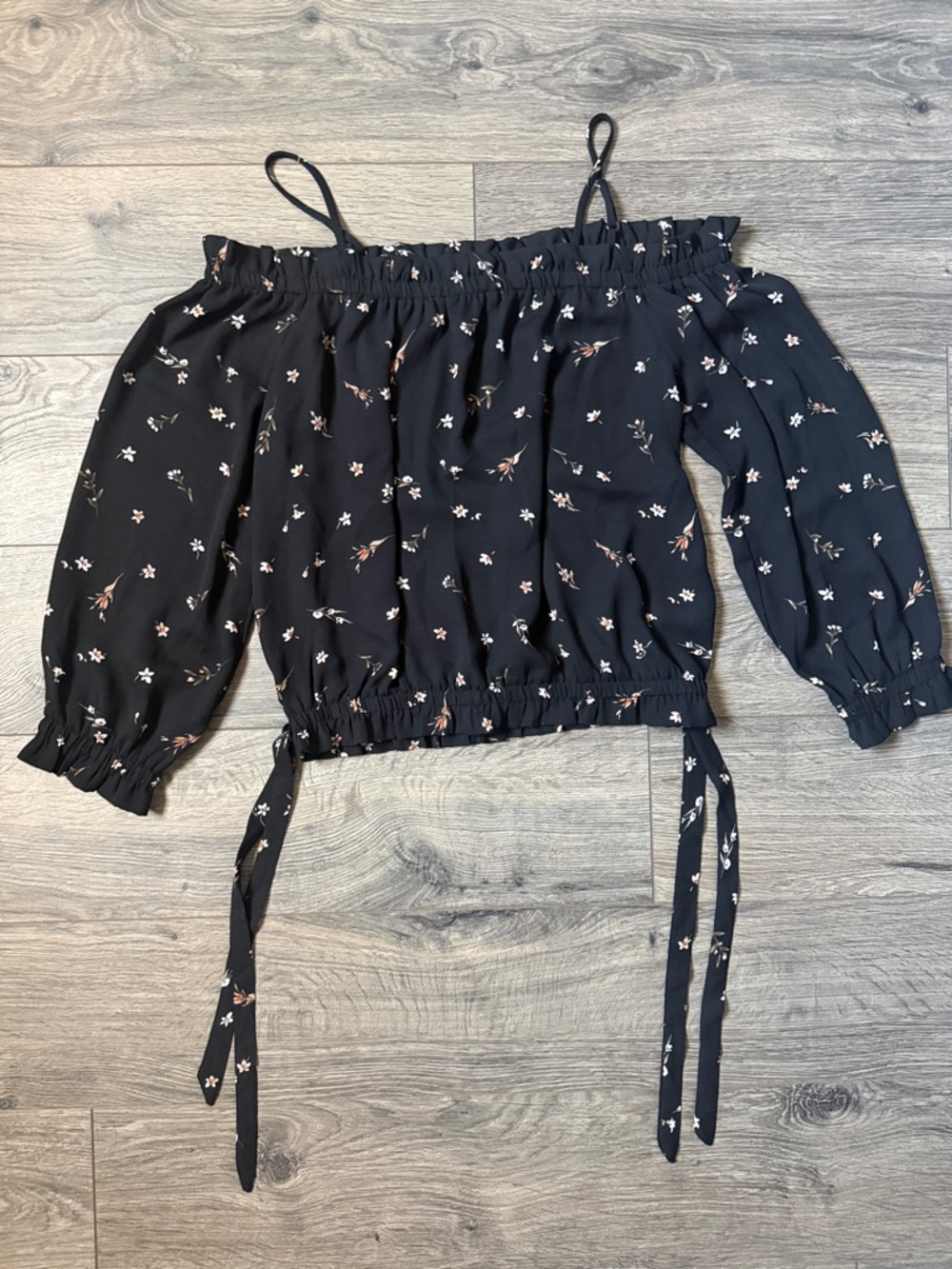 Papermoon Black Off-Shoulder Floral Tie-Hem Top